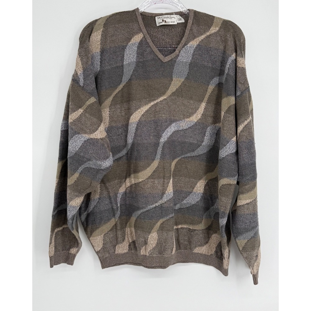 St. Croix Knits Mens V-Neck Sweater Abstract Wave Brown‎ Grey USA Vintage Sz XL
